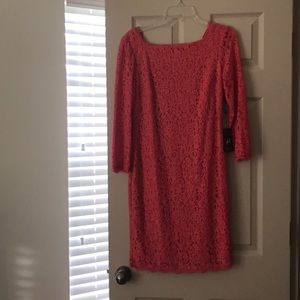 NWT Adrianna Pappell Pink (Coral) Midi Lace Dress